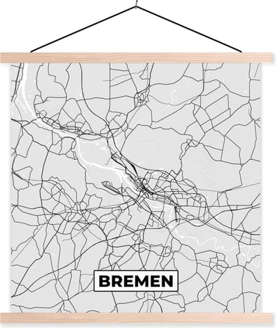 Posterhanger incl. Poster 40x40 cm - Schoolplaat - Bremen - Kaart - Stadskaart - Plattegrond - Duitsland - Textielposter - Blanke latten - Stadskaart