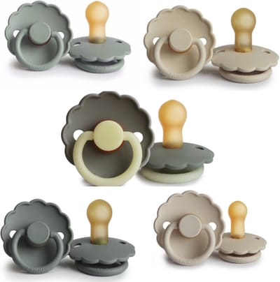 FRIGG DAISY Fopspeen set 5 stuks Sage,French Gray,Sandstone,Cream en Portobello Night Glow 0-6 maand