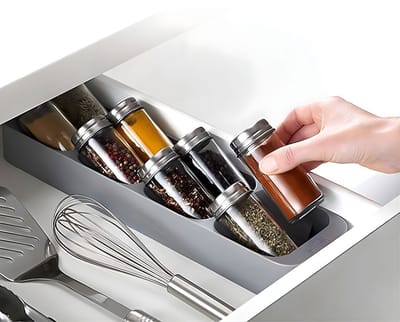DnA® Kruidenpotjes - Kruidenrek Lade - Kruidenrek Lade Met Potjes - Kruidenrek Lade Organizer - Kruidenrek Voor Lade - Grijs - 10cm x 40cm x 5cm