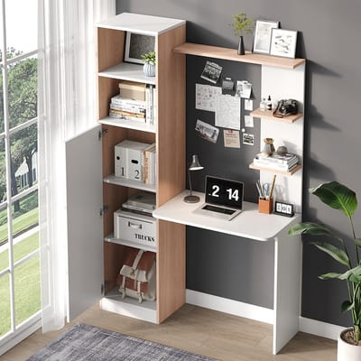 BLACKCOLORS Werktafel/bureau met opbergruimte – Wit met contrast in massief hout, onderkast met deuren en open bovenplank, bureau-ontwerp, 123,5 x 45 x 168,5 cm