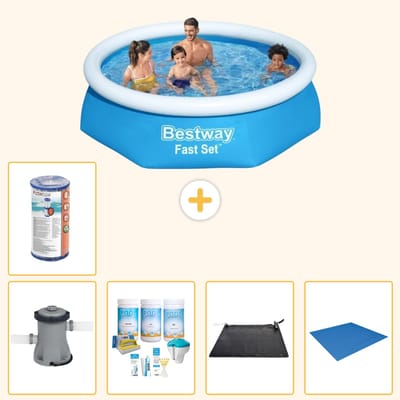 Bestway Rond Opblaasbaar Fast Set Zwembad - 244 x 61 cm - Blauw - Inclusief Pomp - Onderhoudspakket - Solar Mat - Grondzeil - Filter - 6-delig