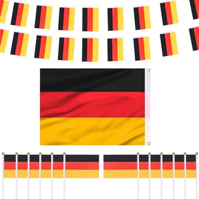 Duitse Vlaggen Sieraden en Decoratie voor Wereldkampioenschap 2022, 10m/12m Vlaggenketting, 12 Stuks Kleine Vlaggen en 1 Grote Vlag 90x150 voor Feestjes en Tuin Decoratie