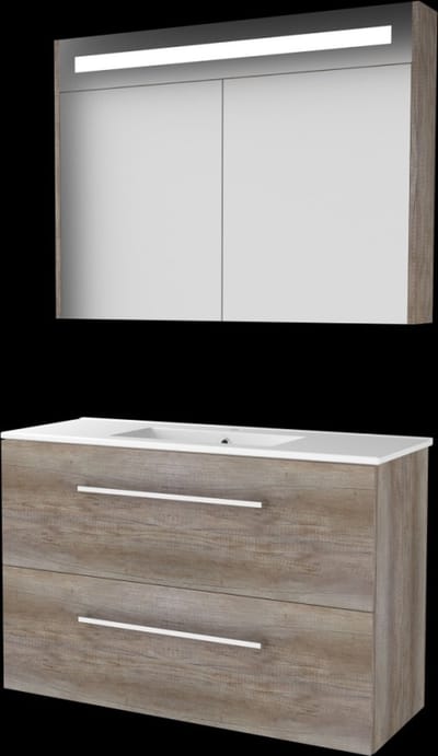 Basic Premium 39 badmeubelset met spiegelkast met geïntegreerde LED verlichting, wastafelonderkast met grepen, 2 lades en porseleinen wastafel met 1