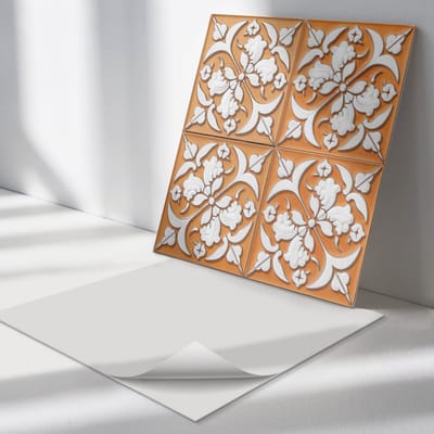 Wallfluent Vinyl Tegels - Patroon met Bloemmotieven Zelfklevende PVC Tegels - 30 cm x 30 cm - Oranje Vinyl Tegels - 9 stuks - Vierkant PVC Tegels - Texturen Plaktegels - Vinyl Vloer Tegels - Plaktegels Keuken en Badkamer