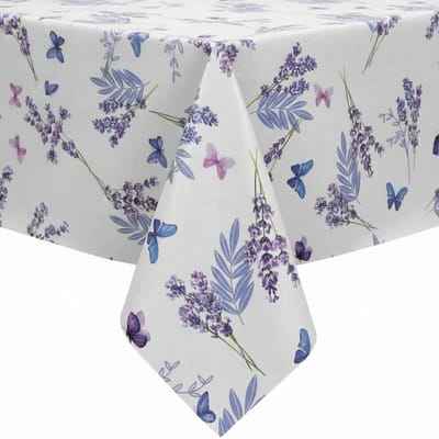 Protecttable - Rond Tafelzeil Lavendel en vlinders Wit ⌀138cm - Tafelkleed Afwasbaar - Kunststof