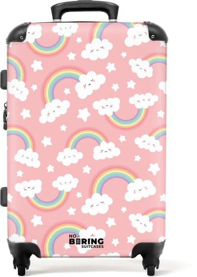 NoBoringSuitcases.com - Grote koffer - Roze met regenboog patroon - Kinderkoffer geschikt voor jongen en meisjes - Reiskoffer met 4 wielen - Trolley op wieltjes - Rolkoffer groot kinderen - 72 liter - Ruimbagage valies 20kg