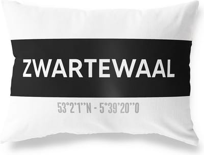 Tuinkussen ZWARTEWAAL - ZUID-HOLLAND met coördinaten - Buitenkussen - Bootkussen - Weerbestendig - Jouw Plaats - Studio216 - Modern - Zwart-Wit - 50x30cm