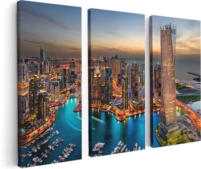 Artaza Canvas Schilderij Drieluik Dubai Haven met de Stad - 120x80 - Foto Op Canvas - Canvas Print