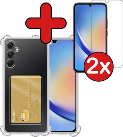 Hoesje - Geschikt voor Samsung Galaxy A34 - Met 2x Screenprotector - Pashouder - Kaarthouder - Back Cover - Telefoon Hoes Shockproof - Siliconen Case - Shock Proof - Pasjes Houder - Telefoonhoes - Transparant