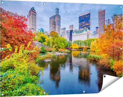 Gards Tuinposter Kleurrijke Central Park tijdens de Herfst - 120x80 cm - Tuindoek - Tuindecoratie - Wanddecoratie buiten - Tuinschilderij