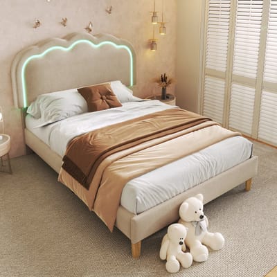 DESMIU Gestoffeerd Bed 90x200 cm – Eenpersoonsbed Met LED-Hoofdbord En Verstelbare Hoogte – Met Lattenbodem – Zonder Matras – Linnen – Beige
