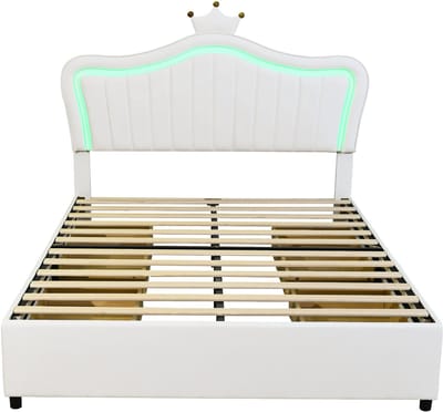 REDOM ledikant 140x200 cm – PU wit – Kroonvormig hoofdbord, 4 opberglades, LED – Schelpdesign