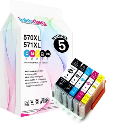 Inktdag inktcartridges voor Canon PGI-570XL / CLI-571XL, Canon 570/571 cartridge van 5 stuks  voor Pixma MG5700, MG5750, MG5751, MG5752, MG5753, MG6800, MG6850, MG6851, MG6852, MG6853, MG7750, MG7751, TS5050, TS5051, TS5053, TS5055, TS6050, TS8050