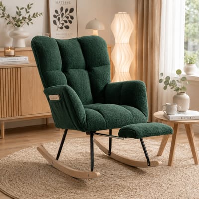 Schommelstoel - Fauteuils met armleuning - Relaxfauteuil - stoel babykamer - Zijvakken - Metalen frame - voetpedaal - Teddyfleece materiaal - voorzien van vloerbeschermende viltstrips - Groen