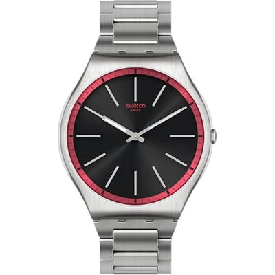 Montre de mode Swatch Mouvement Quartz Bague Argentée Bordeaux Boîtier Acier Inoxydable Bracelet Acier Inoxydable Unisexes 42mm Cadran Noir SS07S129G SS07S129G black