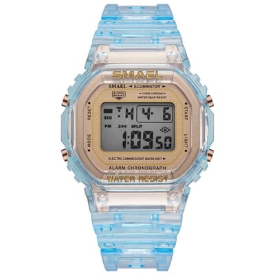 Digitaal Shockbestendig Horloge Blauw doorzichtig met gouden wijzerplaat  | Smael | Waterdicht | Glow in dark | Mud Master | Mudmaster | Shock | Licht | Rubberen band | 1905 | Timer | Eyecatcher | Master | kado | Cadeau