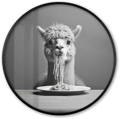 Poster in lijst Rond - Fotolijst 60x60 cm - Posters - Alpaca - Pasta - Zwart - Wit - Grappig - Dieren - Ronde posterlijst zwart - Decoratie - Wanddecoratie woonkamer - Muurdecoratie slaapkamer