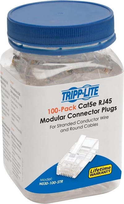 Tripp-Lite N030-100-STR RJ45 Modular Connector for Round Stranded UTP Conductor 4-Pair Cat5e, 100 Pack TrippLite