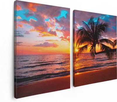 Artaza Canvas Schilderij Tweeluik Tropisch Strand Tijdens Zonsondergang - 120x80 - Foto Op Canvas - Canvas Print