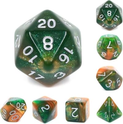 Polyset Dice | Dobbelstenen - Set Van 7 Stuks - Groen Oranje Glitters en Wit| Polydice | Voor D&D en Andere Rollenspellen | Plastic Dobbelstenen Set voor Dungeons and Dragons | Polyhedral Dice Set | Mooie Zwarte Velvet Dice Bag voor Ongeveer 3 Sets