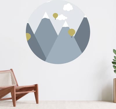 Muurcirkel zelfklevend behang - Blauwe bergen met luchtballonnen - Wanddecoratie - 080cm behangcirkel - Ronde sticker voor aan de muur - Behangsticker verkrijgbaar in verschillende formaten