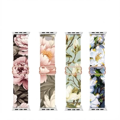 Gemengde kleuren smartwatch bandjes set – 4 stuks – horloge band – dames en heren – elastische nylon strap – bloemen print – geschikt voor Apple Watch 42mm (serie 1 / 2 / 3) / 44 mm / 45 mm / 46 mm (serie 10 / 11) / 49 mm (Ultra / Ultra 2)