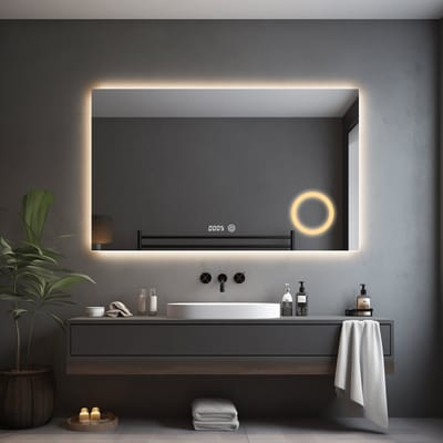 Badkamerspiegel met LED Verlichting en Verwarming 80x60cm - Afimera Primar - Randloos - Wandspiegel Rechthoek - Touch Bediening - Dimbaar - Aanpasbare Lichtkleur - Make-up Spiegel Geïntegreerd - Digitale Tijdweergave