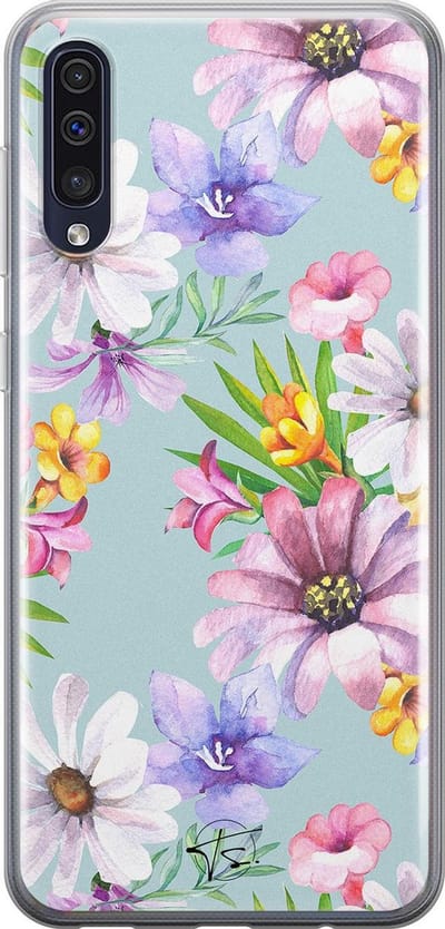 Hoesje geschikt voor Samsung Galaxy A50 - Mint bloemen - Soft Case - TPU - Bloemen - Blauw - Mooie Telefoonhoesjes