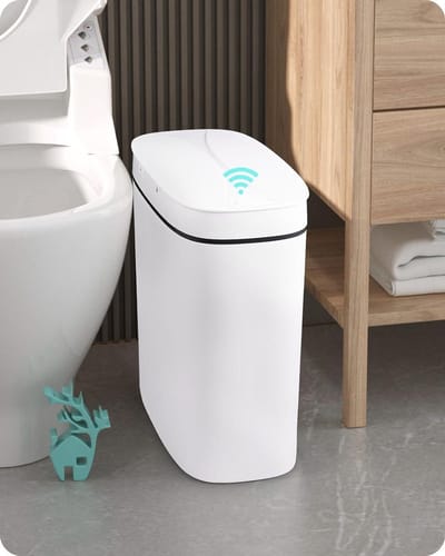 Prullenbak Slanke badkamerbak met deksel en waterdichte bewegingssensor - 25 gallon 95 L - Automatische slimme prullenbak van kunststof voor keuken en slaapkamer (wit)