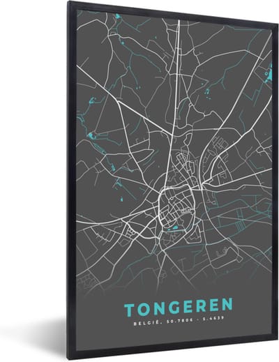 Fotolijst incl. Poster - Plattegrond – Tongeren – Blauw – Stadskaart - Kaart - 40x60 cm - Posterlijst