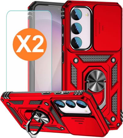Hoesje Geschikt Voor Samsung Galaxy S23 FE hoesje backcover Rood met Ring Houder en camera bescherming - Met Screenprotector - 2 stuks