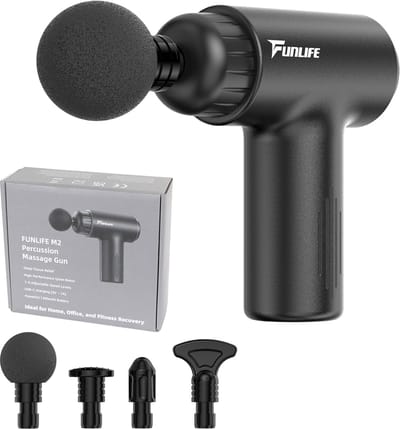 Funlife M2 Mini Massage Gun Zwart - Compact Massagepistool 0,5 kg - Fluisterstil <45 dB - 6 Intensiteitsstanden - 4 Massagekoppen - Draadloos