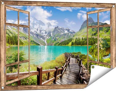 Gards Tuinposter Doorkijk Pad naar een Helder Blauw Meer in de Bergen - 90x60 cm - Tuindoek - Tuindecoratie - Wanddecoratie buiten - Tuinschilderij