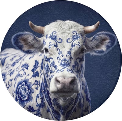 Badmat rond 70x70 cm - Antislip - Koe - Delfts - Blauw - Artistiek - Badmatten voor badkamer - Badkamermat - Douchemat - Ronde badkamer mat