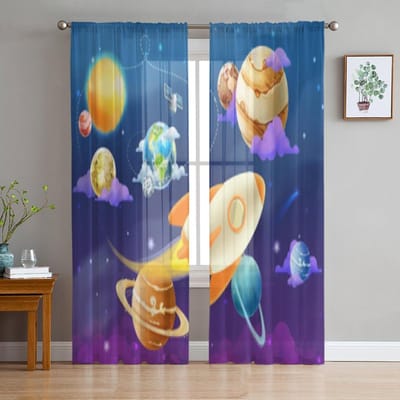 Kinderen Cartoon Ruimte Raketten Planeten Sterren Heelal Nachthemel Transparante Gordijnen voor Kamer Slaapkamer Raam Voiles Tule Gordijn 135W x 114H(cm)