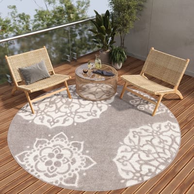 Tapiso Patio Rond Vloerkleed Balkon Terras Tuin Grijs Beige Outdoor Tapijt Maat- 80x80
