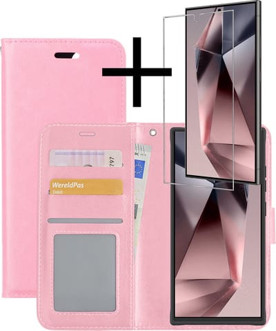 Hoesje - Met Screenprotector - Geschikt voor Samsung Galaxy S24 Ultra - Luxe Pasjeshouder - Bookcase Portemonee - Flip Case - Kunstleer Book Case - Flipcase - Book Cover - Walletcase - Portemonneehoes - Lichtroze