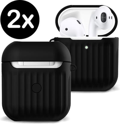 Case Geschikt voor AirPods 1 Hoesje Hoes Hard Cover Ribbels - Hoesje Geschikt voor Apple Airpods 1 Case Met Ribbels - Zwart - 2 PACK