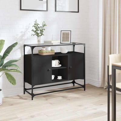 vidaXL - Dressoir - met - glazen - blad - 98x35x81 - cm - bewerkt - hout - zwart