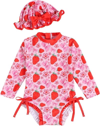 Zomerse Baby Meisjes Badpak met Lange Mouwen en Zonnehoed - UV Bescherming, Comfortabel en Stijlvol Zwemkleding