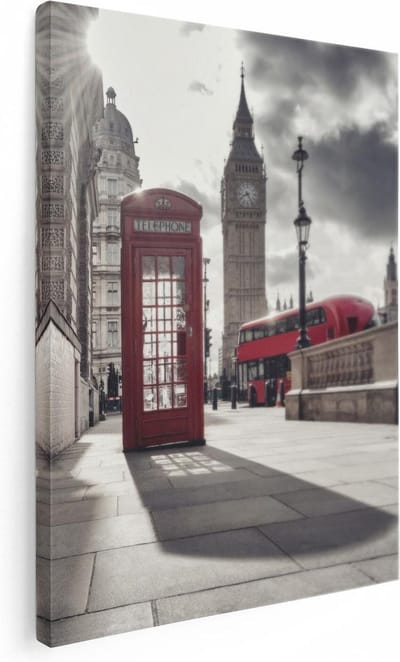 Artaza Canvas Schilderij Big Ben - 30x40 cm - Klein - Muurdecoratie Londen - Wanddecoratie Rode Bus - Schilderijen Op Canvas Skyline