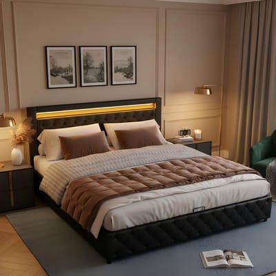 Gestoffeerd bed - 140x190 cm - Hydraulisch met LED Verlichting - Inclusief Lattenbodem - PU - Zwart