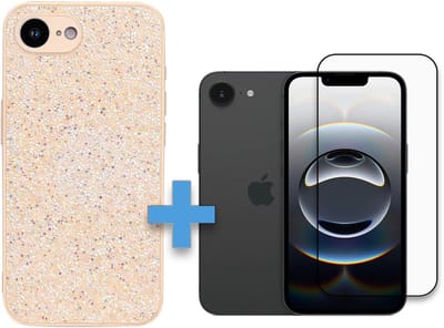 Casemania Hoesje Geschikt voor Apple iPhone 16e - Goud - Diamant Glitter Back Cover / Volledige Dekkend Glazen Screenprotector