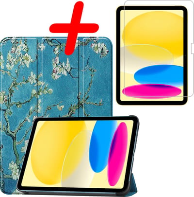 Hoesje Geschikt voor Apple iPad 10 (2022) - 10.9 inch - 10e Generatie - Met Screenprotector - Trifold Bookcase - Hard Cover - Hardcover Book Case - Tablet Hoes - Bloesem