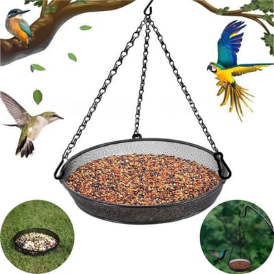 Hangende voederbak voor buiten – Metalen vogelvoederbak voor buiten – Voederbak voor wilde vogels – Voor tuin of balkon – Vogelvoederbak – Afneembare balkonvoederbak – 17 x 17 cm