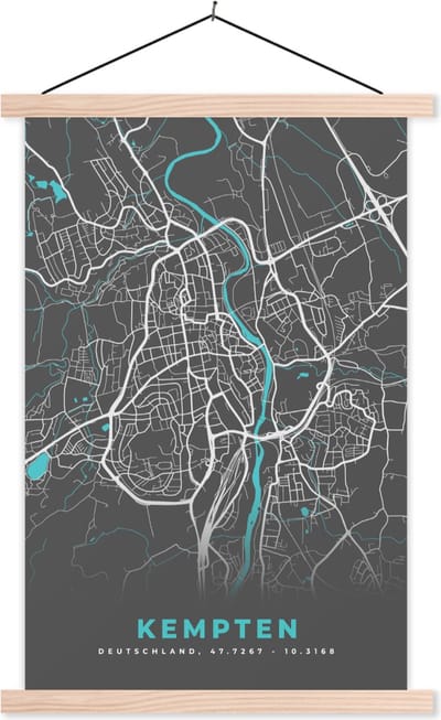 Posterhanger incl. Poster 120x180 cm - Schoolplaat - Kempten – Stadskaart – Blauw – Plattegrond – Stadskaart – Kaart - Duitsland - Textielposter - Blanke latten - Stadskaart
