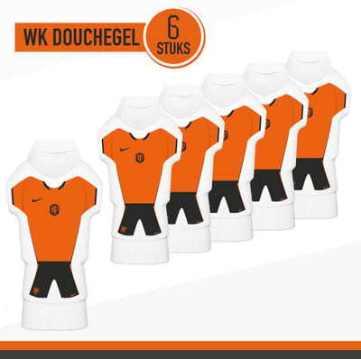 "Douchegel WK 2026" Thuis Tenue fles - 6 stuks - 300 ml | Uniek Voetbal Cadeautje Nederlands Elftal Thuistenue Shirt Tekst Volkslied NL Nederland Gift Showergel Sport Uitdeel Cadeau Wedstrijd Toernooi Voetbalfeestje Voetballer Uitdeelcadeautje Oranje