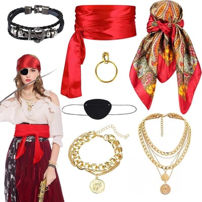 Piratenkostuum accessoires voor vrouwen - Hoofdband, ooglapje, oorbel, armband en ketting voor cosplay en feestelijkheden
