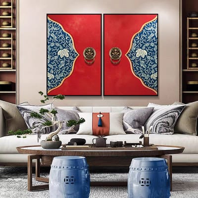 Fine Asianliving Olieverf Schilderij 100% Handgeschilderd Zwarte Omlijsting 60x120cm Chinese Deuren Set/2