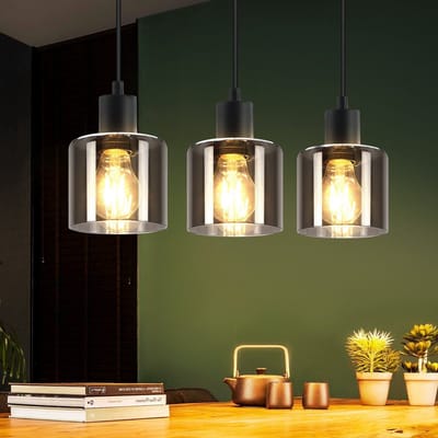 NETTLIFE Hanglamp - E27 fitting - 3-Lichts - rookgrijs - rechthoekig - Glas - Vintage Eettafellamp 68cm - Industriele Eetkamerlamp - voor voor Keuken | Woonkamer | Hal | Kantoor-excl. lichtbron